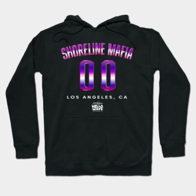 Black hoodie with "Shoreline Mafia" text in gradient purple, featuring Los Angeles design, casual streetwear style.