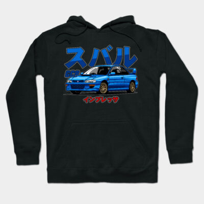 Black hoodie featuring a blue sports car graphic design with bold text, ideal for casual wear and car enthusiasts.