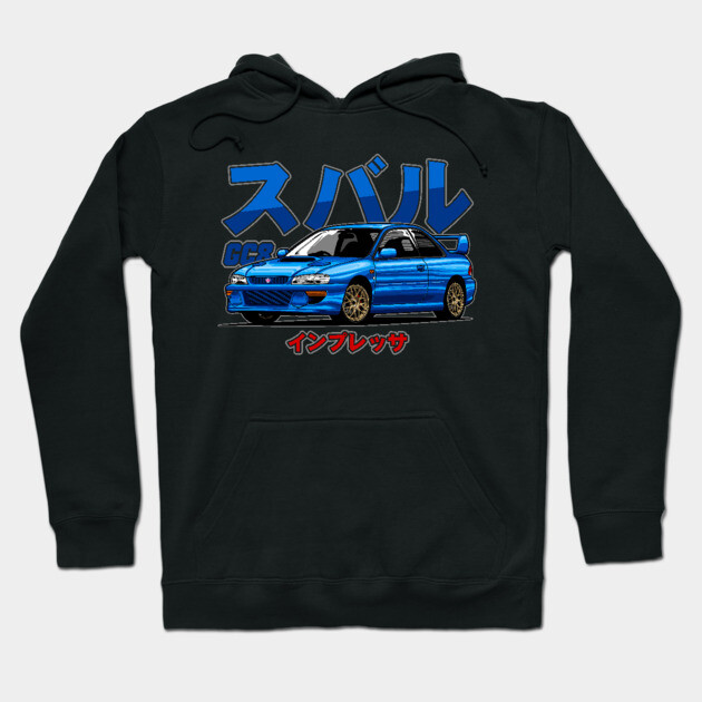 Black hoodie featuring a blue sports car graphic design with bold text, ideal for casual wear and car enthusiasts.