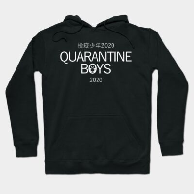 Black "Quarantine Boys 2020" hoodie, casual style, cotton blend, front pocket, adjustable drawstring hood.
