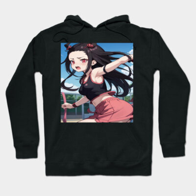 Black hoodie with anime character print, featuring vibrant colors and casual style, perfect for everyday wear.