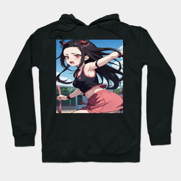 Black hoodie with anime character print, featuring vibrant colors and casual style, perfect for everyday wear.