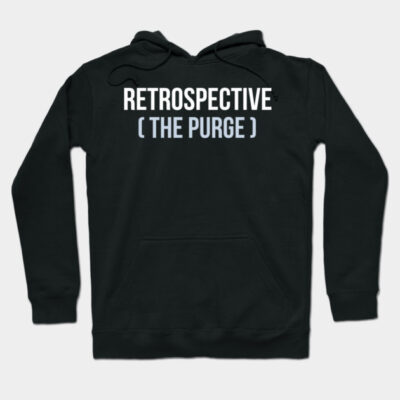 Black hoodie with "Retrospective (The Purge)" text, casual style, cotton blend, perfect for everyday wear.