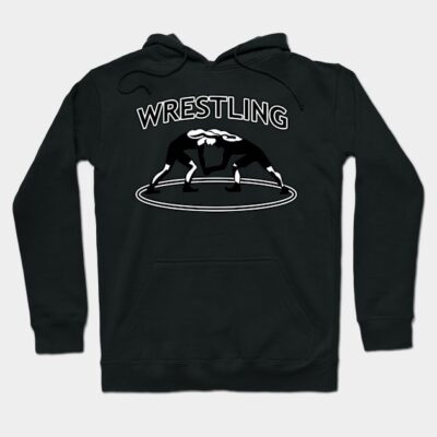 Black wrestling hoodie with graphic design, featuring a wrestling match illustration, perfect for sports and casual wear.