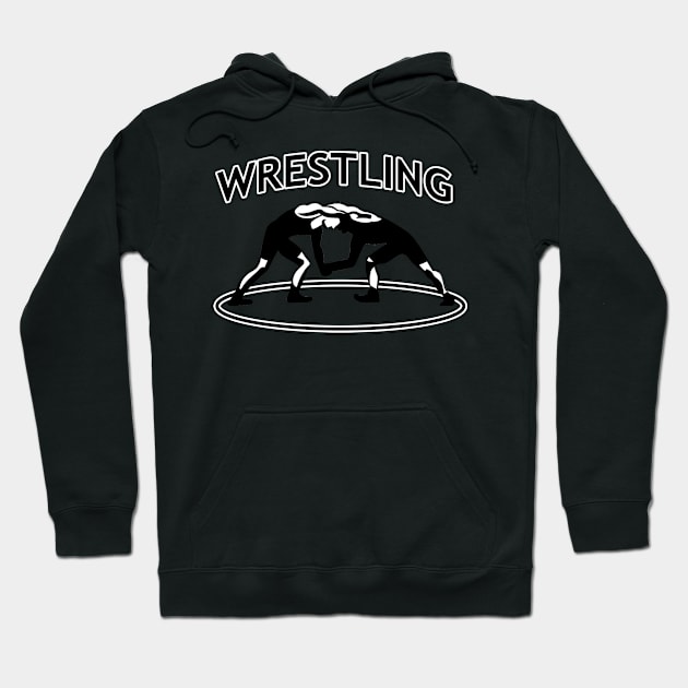 Black wrestling hoodie with graphic design, featuring a wrestling match illustration, perfect for sports and casual wear.