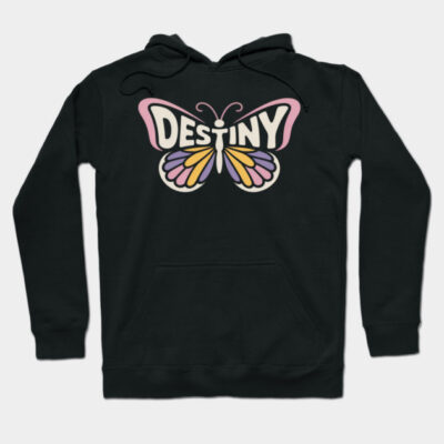 Black hoodie with colorful butterfly graphic and "Destiny" text, casual style, comfortable cotton material.