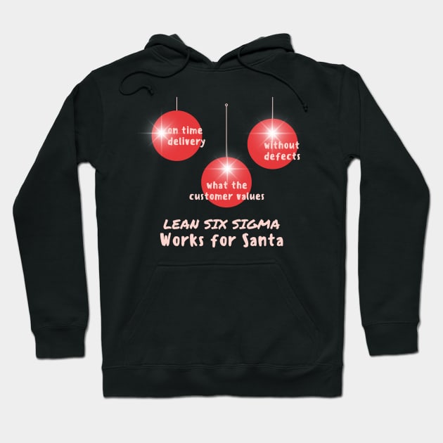 Black hoodie with festive red ornament design, Lean Six Sigma theme, perfect for holiday season, cozy cotton blend.