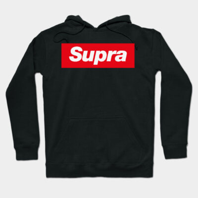 Black "Supra" hoodie with red logo, casual style, cotton material, warm and comfortable for everyday wear.