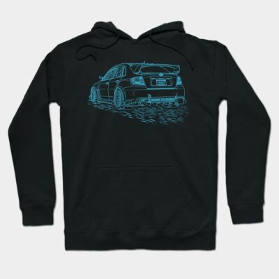 Black hoodie with blue car sketch design, featuring a sporty style. Ideal for casual wear, made from soft cotton blend.
