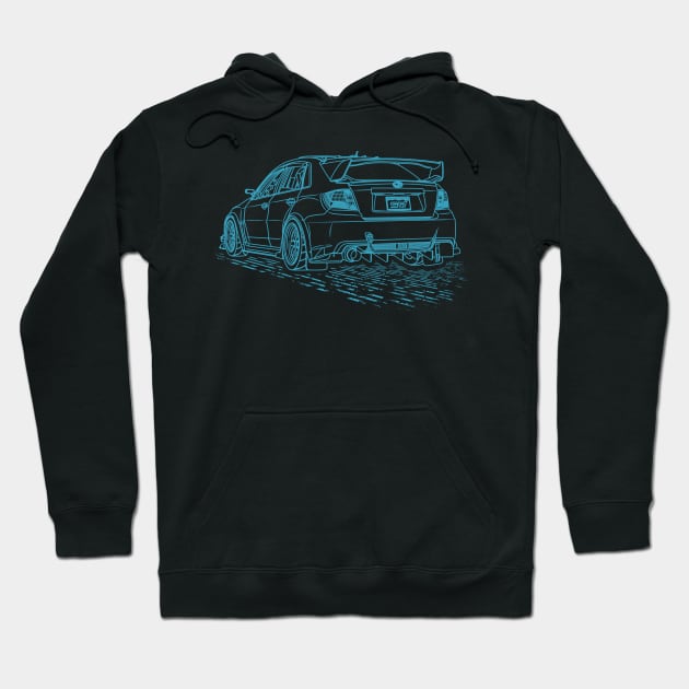 Black hoodie with blue car sketch design, featuring a sporty style. Ideal for casual wear, made from soft cotton blend.