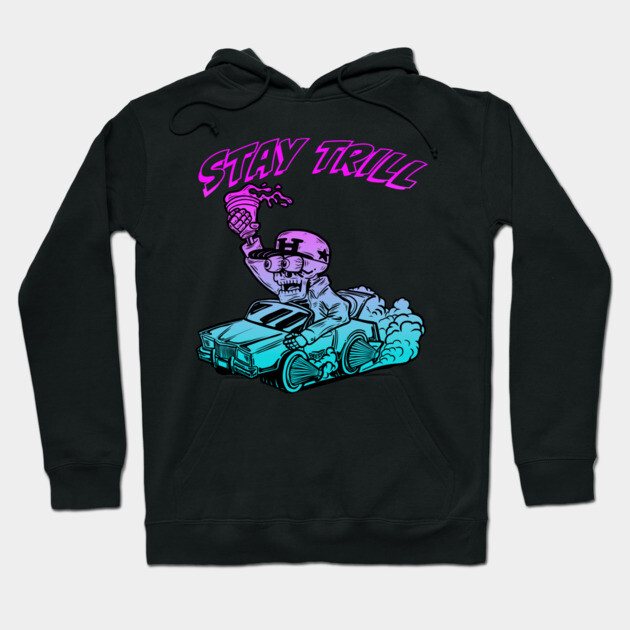 Black graphic hoodie with "Stay Trill" design, featuring colorful car and character print, perfect for casual wear.