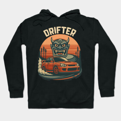 Black hoodie with "Drifter" graphic, featuring a red car and monster design. Perfect for casual wear and street style.