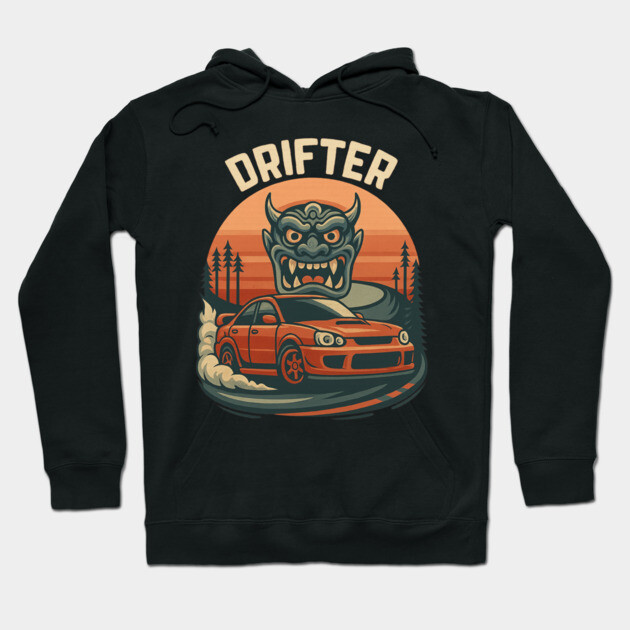 Black hoodie with "Drifter" graphic, featuring a red car and monster design. Perfect for casual wear and street style.