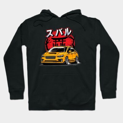 Black hoodie featuring a yellow car graphic with Japanese text, stylish and comfortable for casual wear.