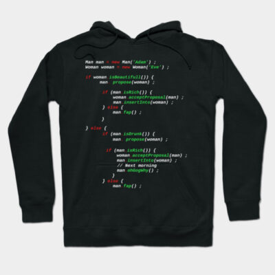 Black hoodie with humorous coding print, casual style, perfect for programmers, soft cotton material.