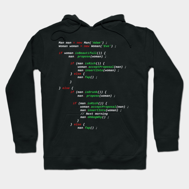 Black hoodie with humorous coding print, casual style, perfect for programmers, soft cotton material.