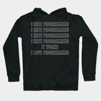 Black hoodie with humorous programming text, cotton material, casual style, perfect for tech enthusiasts and coders.