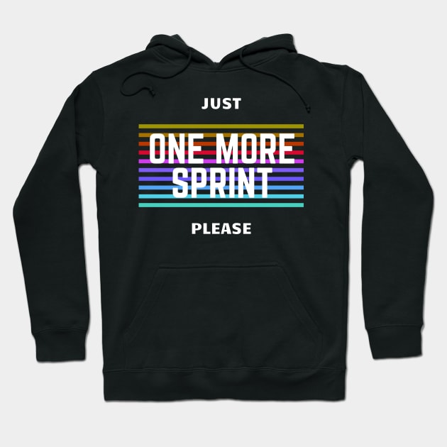 Black hoodie with colorful "One More Sprint" text design, perfect for casual wear and workout, made of soft cotton blend.