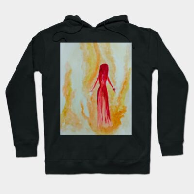 Black hoodie with abstract red and orange artistic design, long sleeves, cotton blend, casual wear.