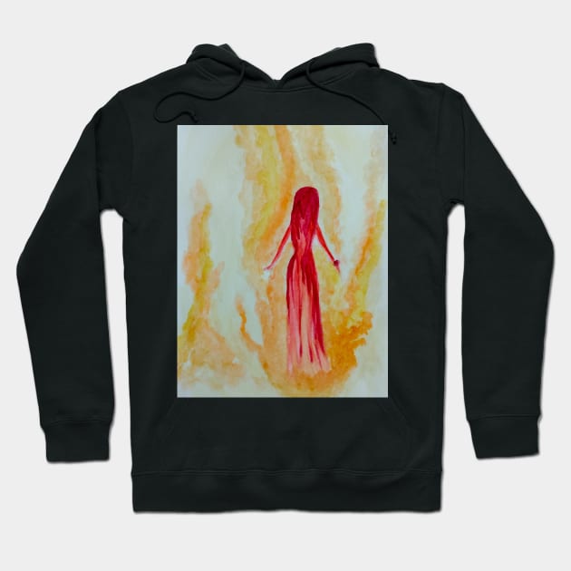 Black hoodie with abstract red and orange artistic design, long sleeves, cotton blend, casual wear.