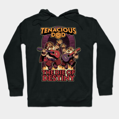 Black hooded sweatshirt featuring "The Die of Destiny" graphic with colorful illustration and bold text design.