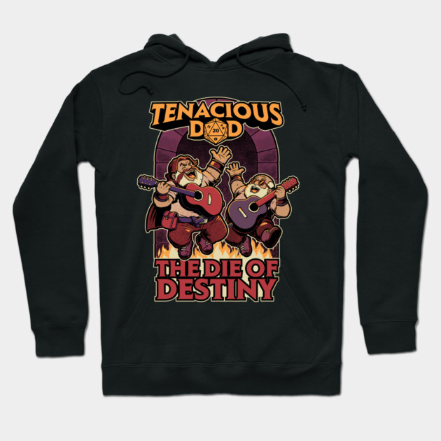 Black hooded sweatshirt featuring "The Die of Destiny" graphic with colorful illustration and bold text design.