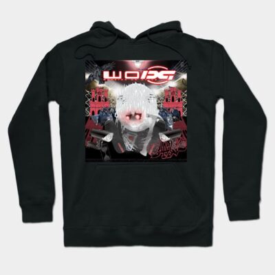 Black graphic hoodie with vibrant abstract design, featuring bold colors and artistic elements. Perfect for casual wear.