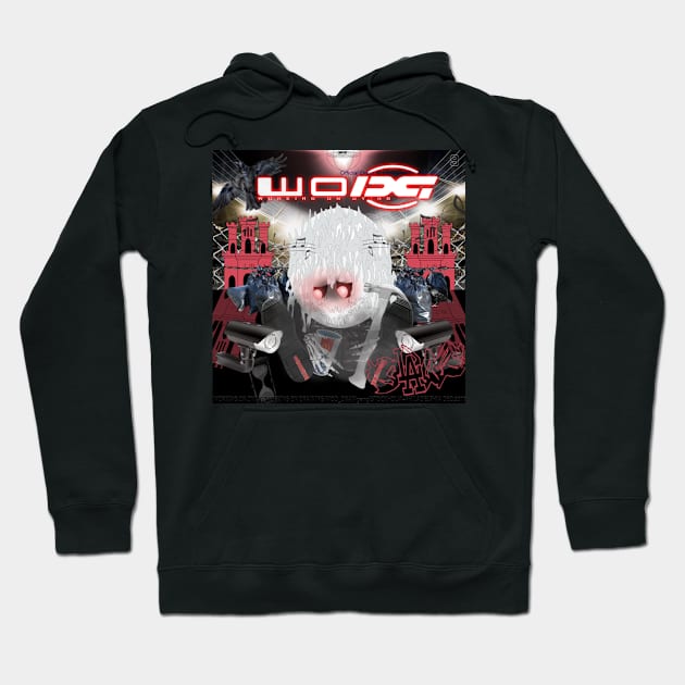 Black graphic hoodie with vibrant abstract design, featuring bold colors and artistic elements. Perfect for casual wear.