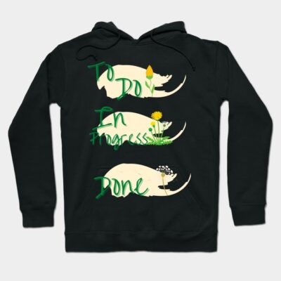 Black hoodie with humorous text design featuring progress stages and playful illustrations. Cozy and stylish casual wear.