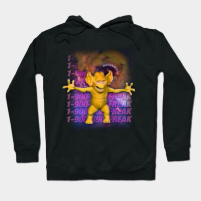 Black hoodie with vibrant graphic design featuring a yellow cartoon creature and colorful text, casual streetwear style.