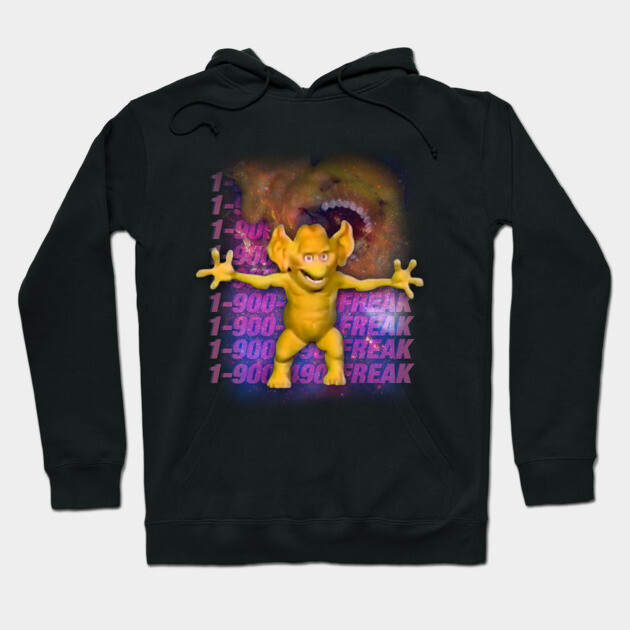 Black hoodie with vibrant graphic design featuring a yellow cartoon creature and colorful text, casual streetwear style.