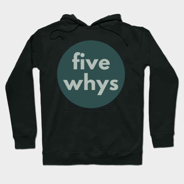 Black hoodie with "five whys" text in green circle, casual style, cotton blend, perfect for everyday wear.