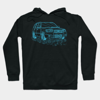 Black hoodie with blue car illustration, cotton material, casual wear, comfortable fit, unisex style, perfect for car enthusiasts.