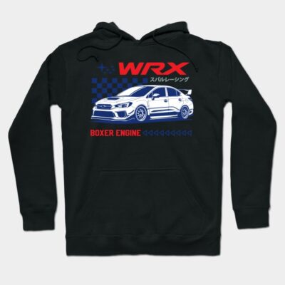 Black hoodie featuring a sporty WRX car design with checkered accents, perfect for car enthusiasts and casual wear.