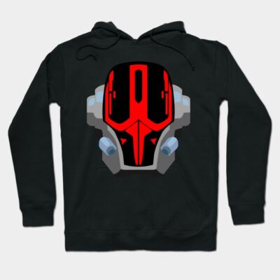Black hoodie with futuristic red and black robot helmet graphic, unisex design, cotton blend material.