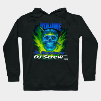 Black hoodie with vibrant skull design, featuring text "Volume II: Big Tyme Records" and "DJ Screw" in green and blue.
