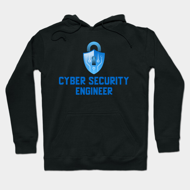 Black "Cyber Security Engineer" hoodie with blue shield graphic, cotton blend, casual wear, tech-inspired design.