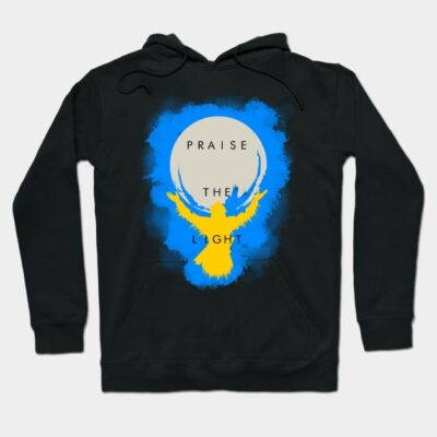 Black hoodie with "Praise the Light" design, featuring a yellow figure and moon graphic, casual and comfortable style.