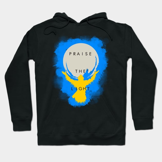 Black hoodie with "Praise the Light" design, featuring a yellow figure and moon graphic, casual and comfortable style.