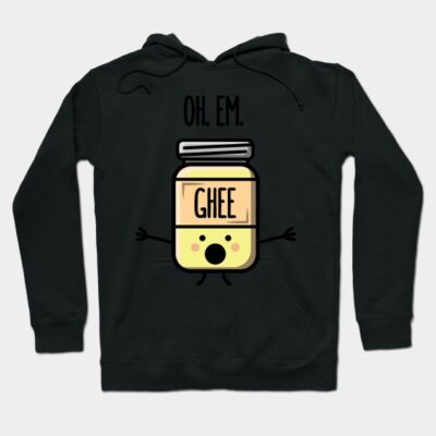 Black hoodie with cartoon ghee jar graphic, "Oh. Em. Ghee." text; cozy and stylish casual wear.