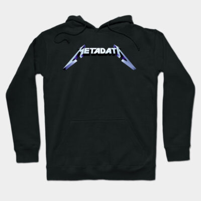 Black "Metadata" graphic hoodie, featuring a bold metallic text design, ideal for casual wear, cotton material.