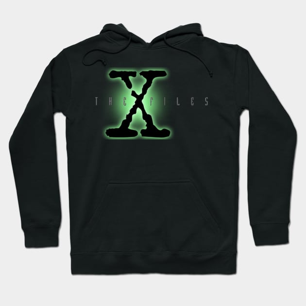 Black hoodie with neon green "X-Files" logo, featuring drawstrings and front pocket. Ideal for casual wear.