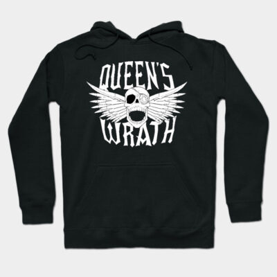 Black hoodie with "Queen's Wrath" design, featuring a skull and wings, cotton material, casual streetwear style.