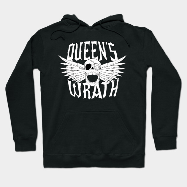 Black hoodie with "Queen's Wrath" design, featuring a skull and wings, cotton material, casual streetwear style.