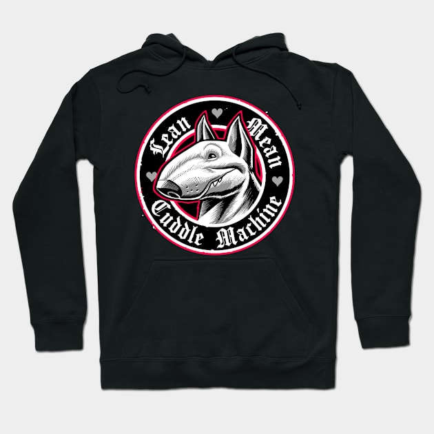 Black hoodie with dog graphic and "Lean Mean Cuddle Machine" text, casual wear, cotton blend, unisex style.