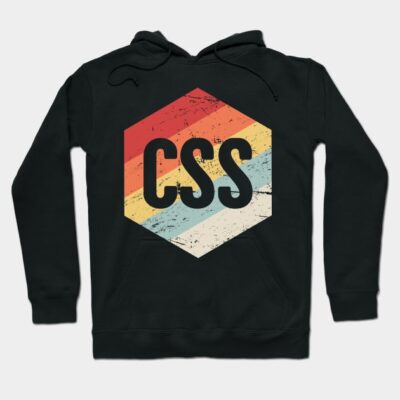 Black hoodie with retro CSS hexagon design, multicolor stripes, casual wear, soft cotton blend material.