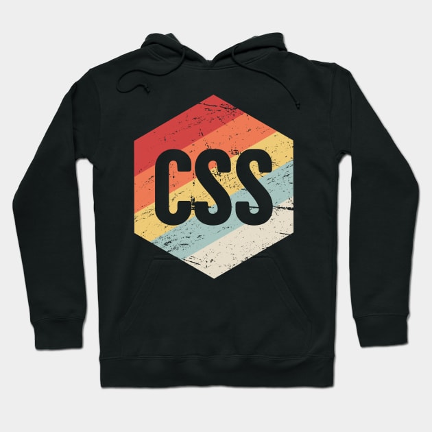 Black hoodie with retro CSS hexagon design, multicolor stripes, casual wear, soft cotton blend material.