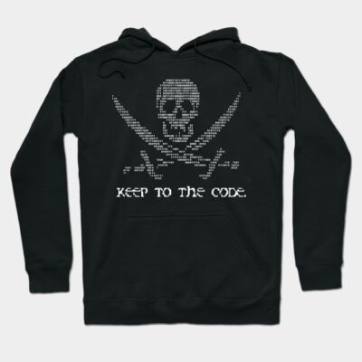 Black hoodie with ASCII-style skull and crossbones design, featuring text "Keep to the Code," casual wear.
