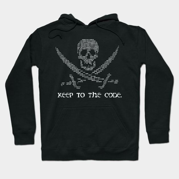 Black hoodie with ASCII-style skull and crossbones design, featuring text "Keep to the Code," casual wear.