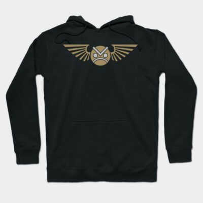 Black hoodie with gold tribal owl design, featuring a front pocket and adjustable drawstrings, ideal for casual wear.